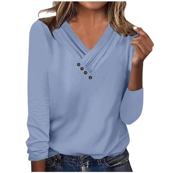 asdoklhq Fall 3/4 Sleeve Shirts for Women Women's Long Sleeve Summer V Neck Sexy Casual Tops Regular Blouse Tops Blue L