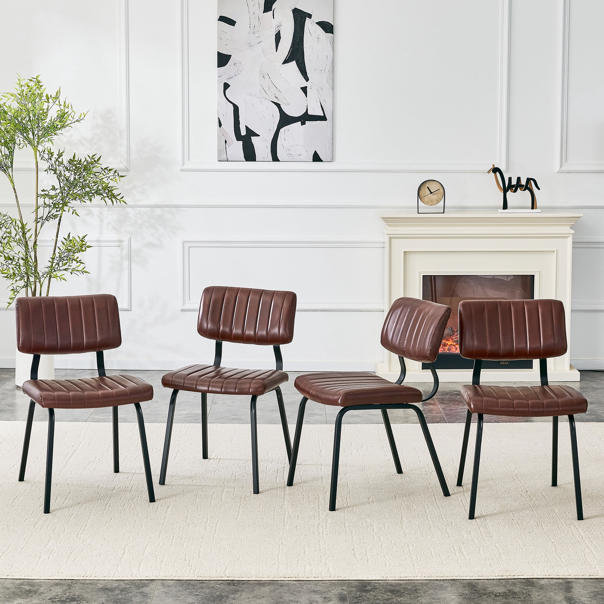GARITIN 2 Pack Vintage Brown PU Leather Dining Chairs, Mid-Century Stripe Upholstered Side Chairs, Modern Industrial Accent Chairs with Black Metal Frame for Kitchen Dining Room
