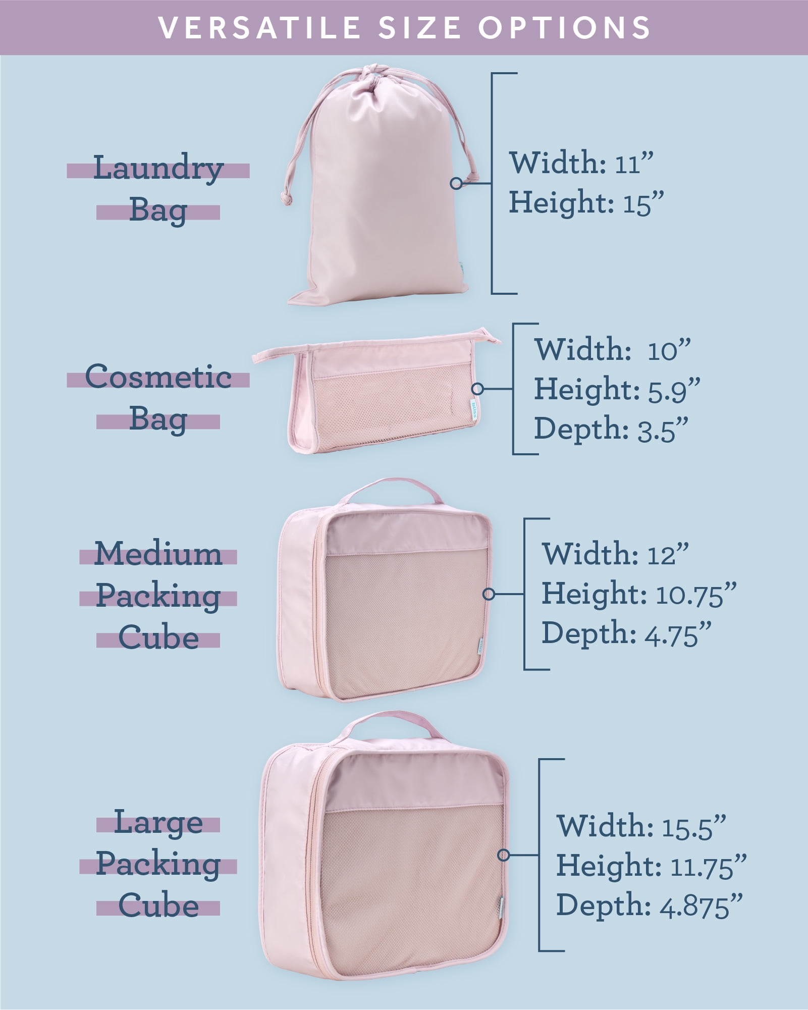 Bliss Travel Packing Cubes Zippered Compression Bags for Luggage with Laundry Bag 4-Piece Set