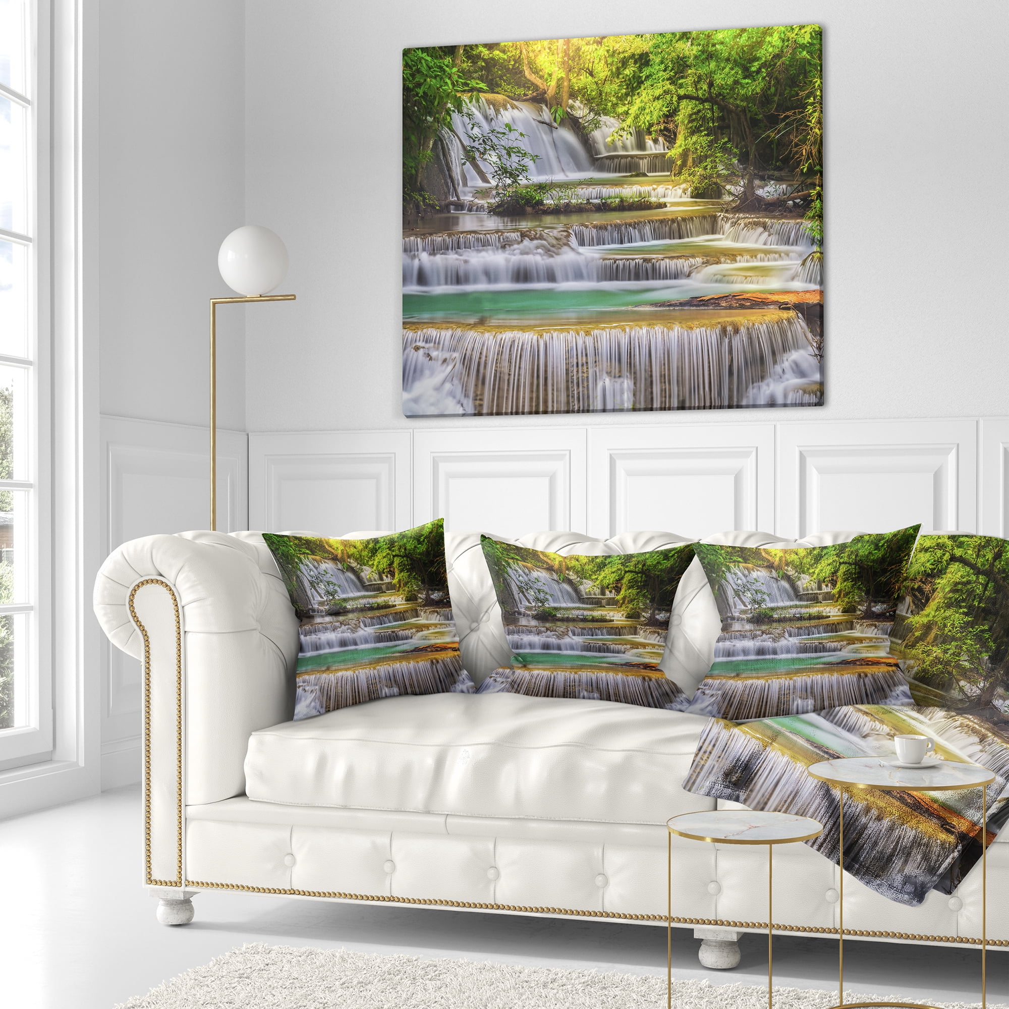 Designart Tranquil Erawan Waterfall - Landscape Printed Throw Pillow - 16x16
