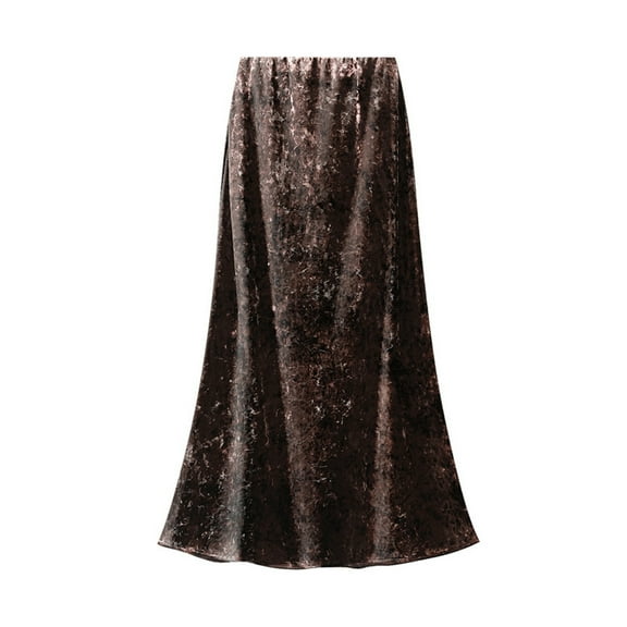 Women Fishtail Skirt Elastic High Waist A-Line Mid-calf Length Skirt Solid Color Velvet Large Hem Skirt Daily Wear