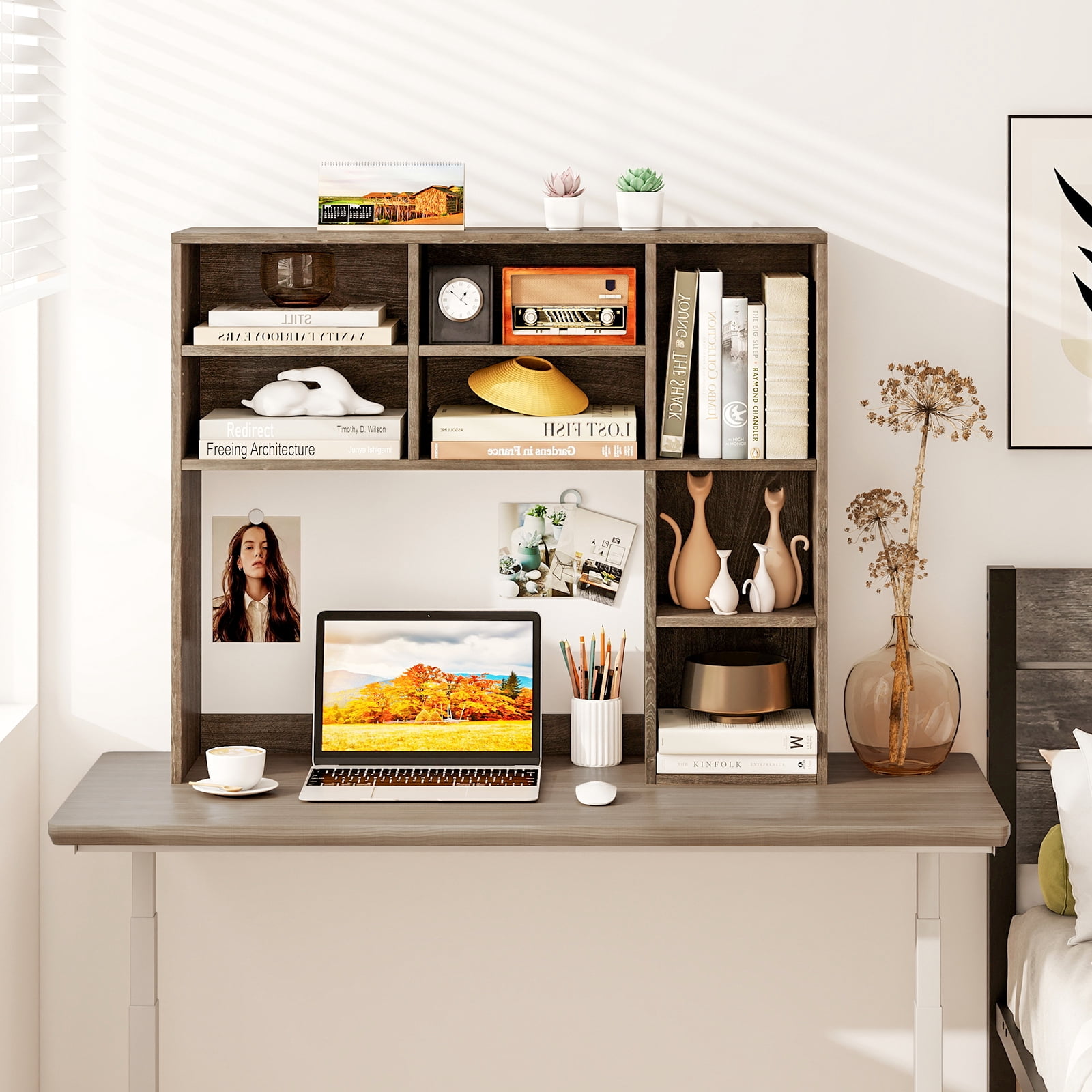 Patiojoy Desktop Bookshelf 37" Countertop Storage Hutch with 7 Cubes & 3 Adjustable Shelves 3-Tier Desk Display Rack Organizer Desktop Hutch Oak