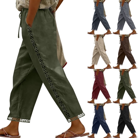 RongHuan Women Linen Pants Drawstring Elastic Lightweight Pant with Side Lace Summer Trendy Beach Casual Trousers