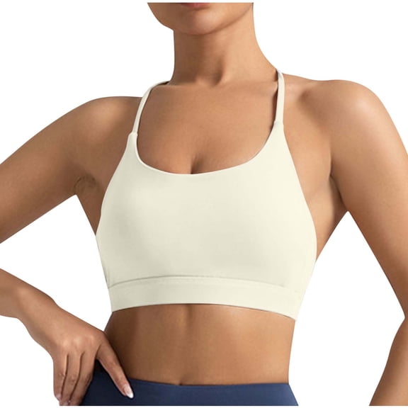 Xfvqtps Sports Bras for Women Cross Back Spaghetti Strap Backless Padded Elastic Breathable Crop Tank Tops for Yoga Gym Fitness White