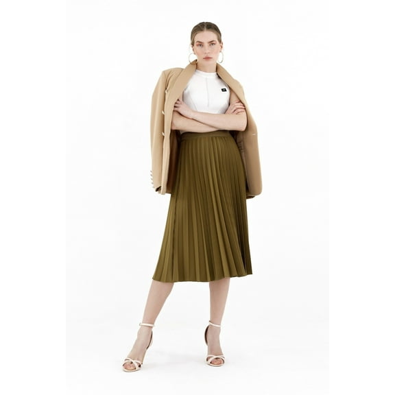 Khaki Pleated Skirt High Waist Elastic Waist Band Midi Skirt