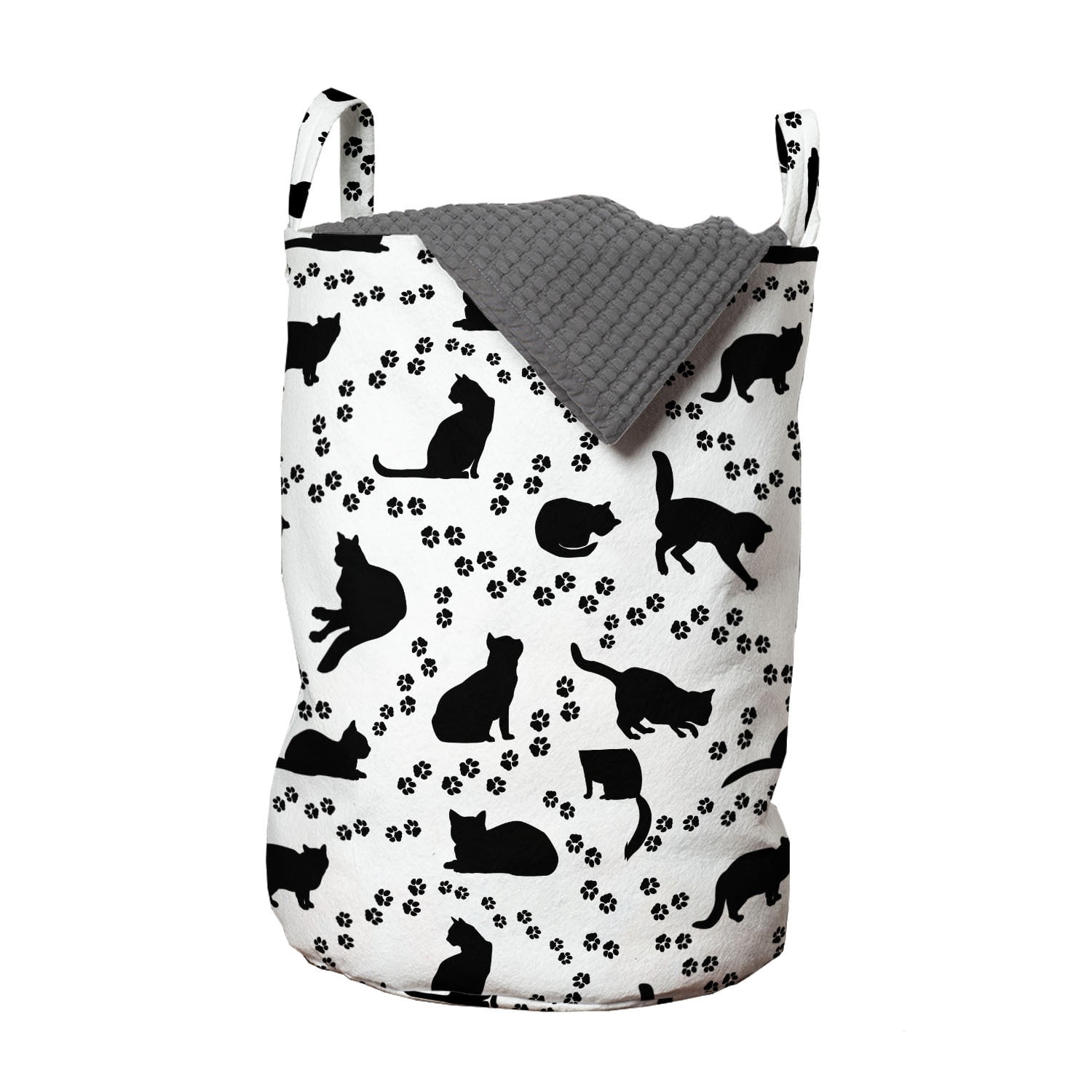 Cat Laundry Bag, Cat Silhouette and Animal Tracks Pattern Paws