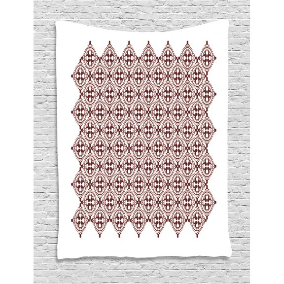 Brown and White Tapestry, Javanese Ethnic Batik Ornament Old Fashioned Cultural Vintage Tile, Wall Hanging for Bedroom Living Room Dorm Decor, 60W X 80L Inches, Brown and White, by Ambesonne