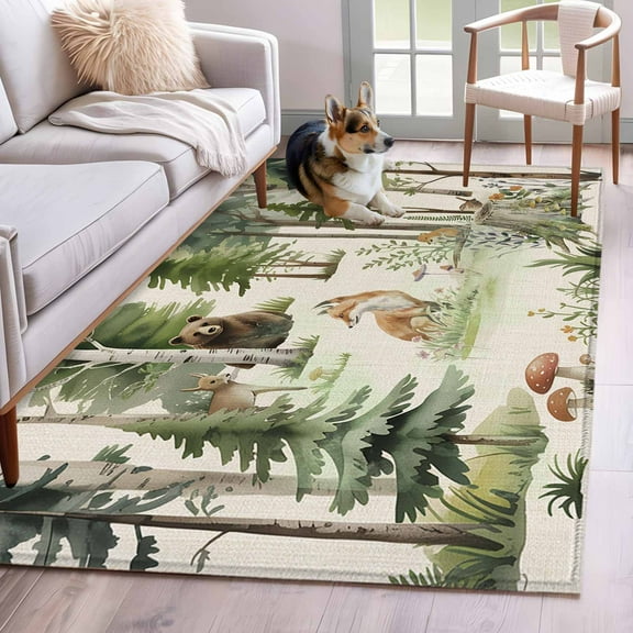 Green Forest Area Rug 4x6 Washable Rug Non Slip Modern Art Animals Watercolor Rustic Large Area Rug Indoor Floor Carpet for Entryway Bedroom Kitchen Living Room Home Office Dining Room Nursery