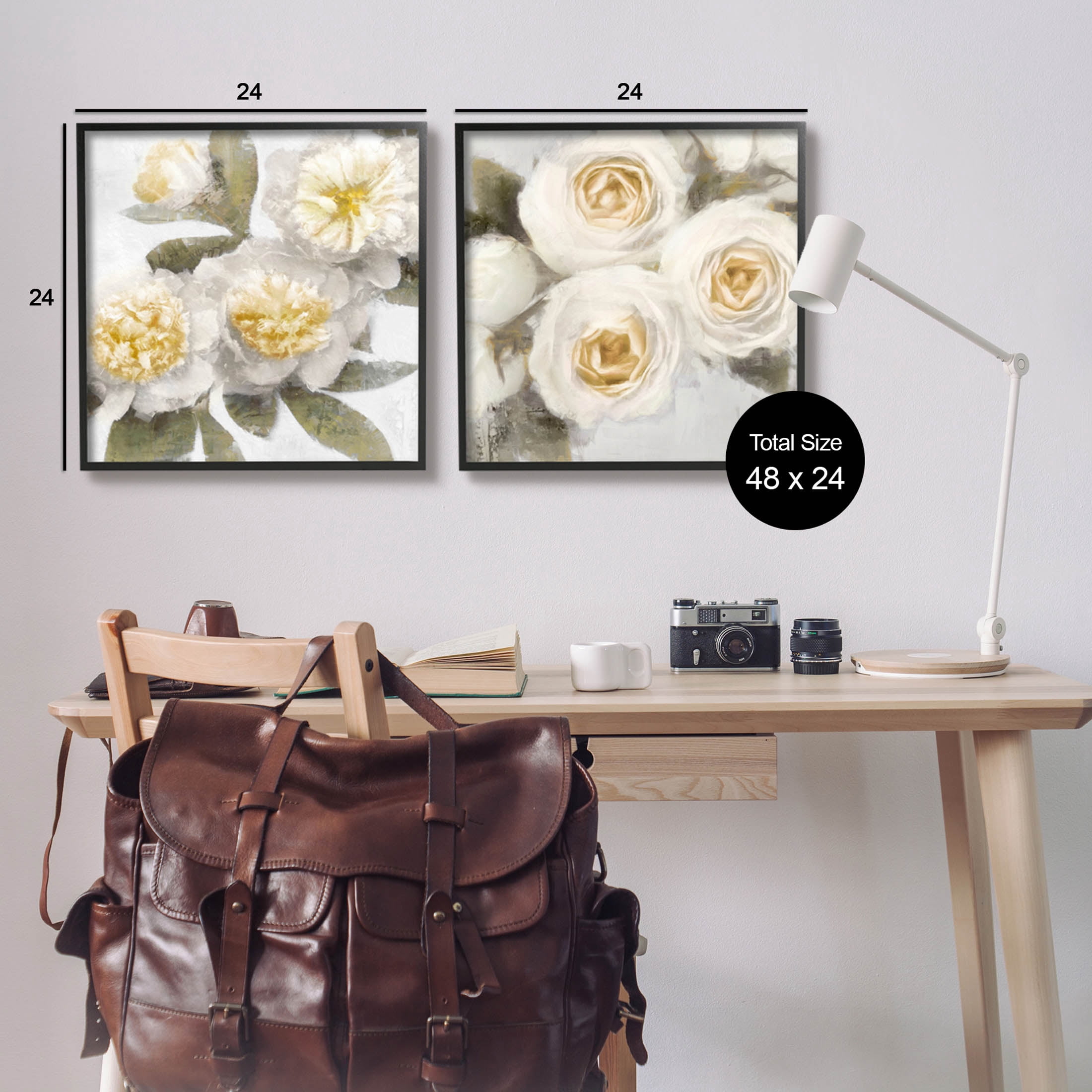 White Rose Flowers Traditional Botanical & Floral Graphic Art Black Framed Art Print Wall Art, Set of 2