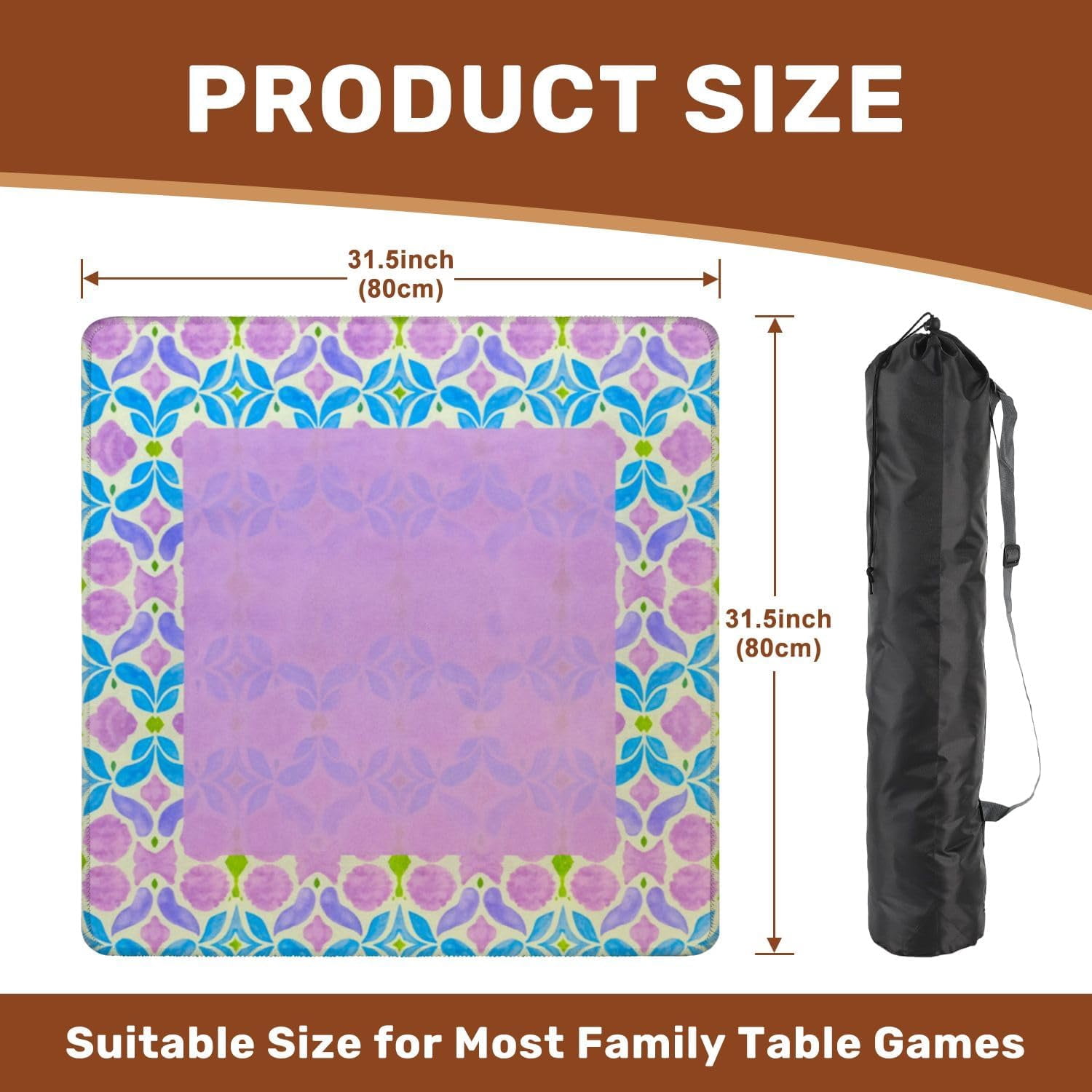 Mahjong Mat with Carrying Bag 31.5" x 31.5" Non-Slip Noise Reduction Purple Blue Floral Bird Central Blank Space Table Mat for Mahjong Poker Dominoes Card Board Tile Games
