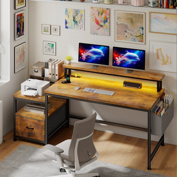 EnHomee Computer Desk with Drawer, 57'W Writing Desk with Power Outlet & Monitor Stand for Gaming, Rustic Brown