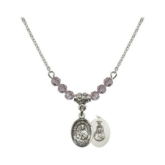 18-Inch Rhodium Plated Necklace with 4mm Light Purple February Birth Month Stone Beads and Our Lady of Mount Carmel Charm