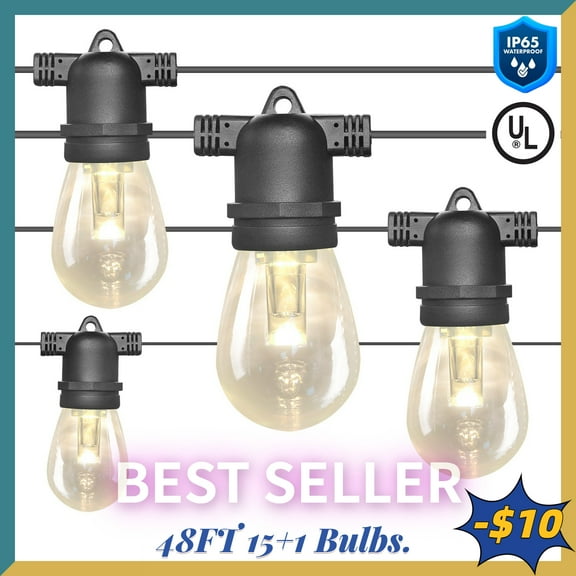 48FT LED Outdoor String Lights for Patio, Fmixtown 12V S14 UL Listed IP65 Waterproof outside string lights