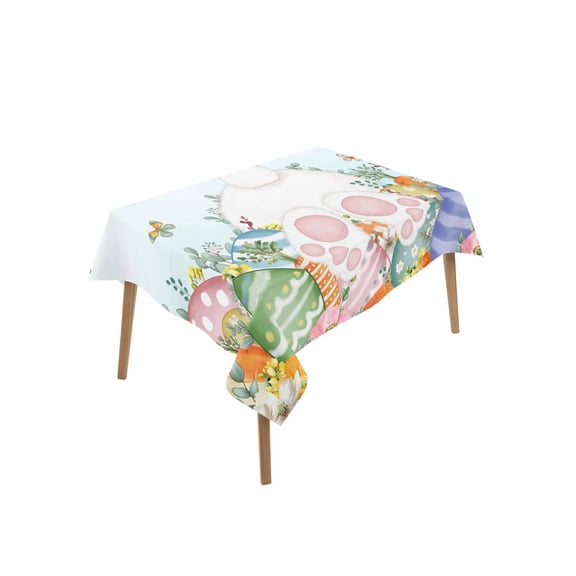 Cute Easter Bunny Table Cloth, Waterproof Tablecloth for Rectangle Tables, Eucalyptus Leaves Colorful Eggs Teal Reusable Washable Fabric Table Cover for Restaurant Kitchen Dining Tables 52"x70"