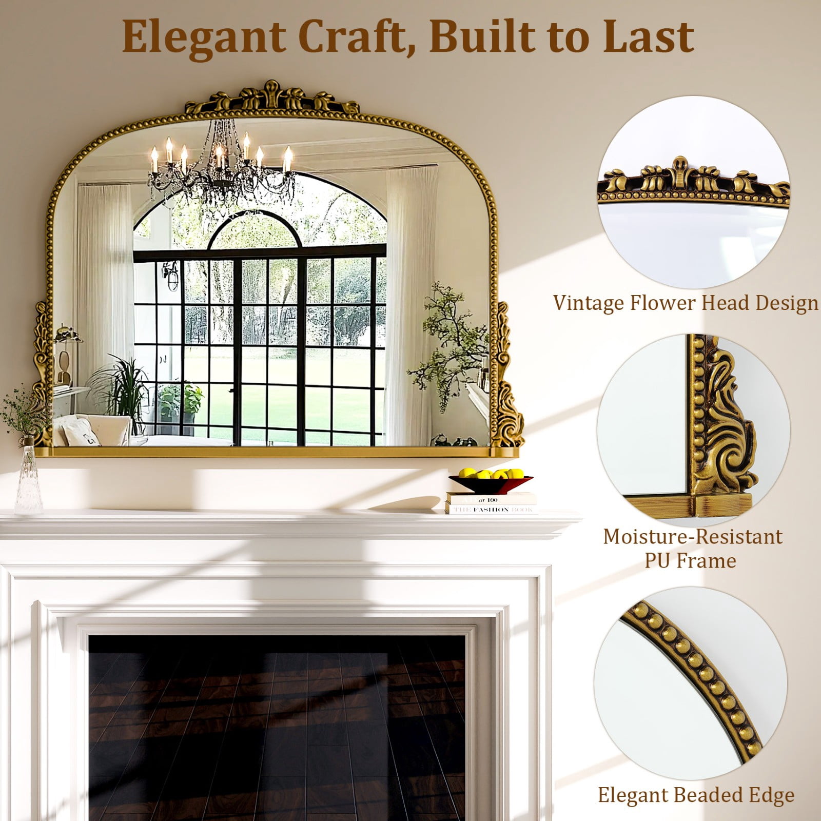 SHATTERVIEW 44"x 32" Bathroom Mirror Vintage Wall Mirror Arched Vanity Mirror Vintage Home Decor, Antique Gold