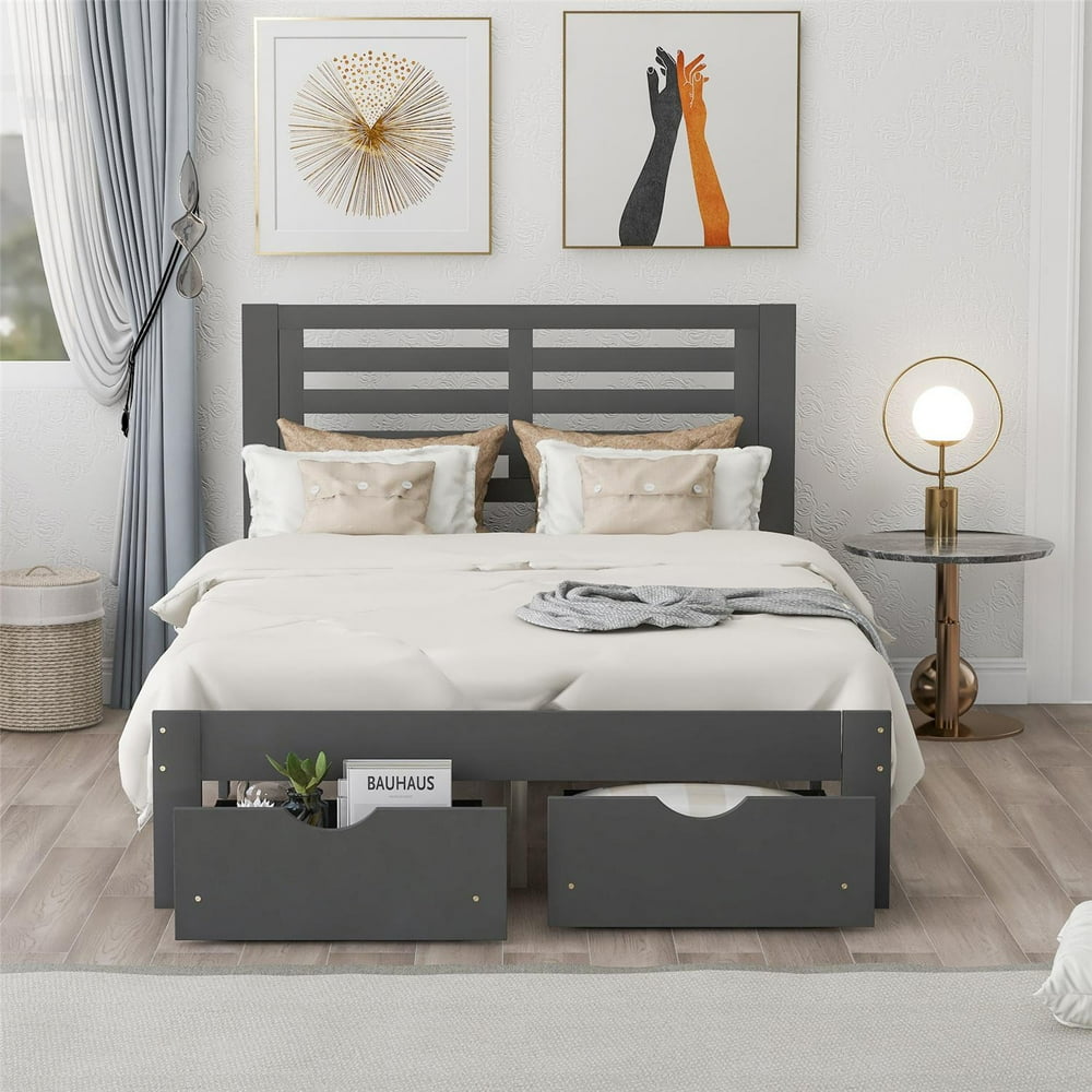 Full Size Platform Bed with Headboard and 2 Drawers, Pine Wood Slat