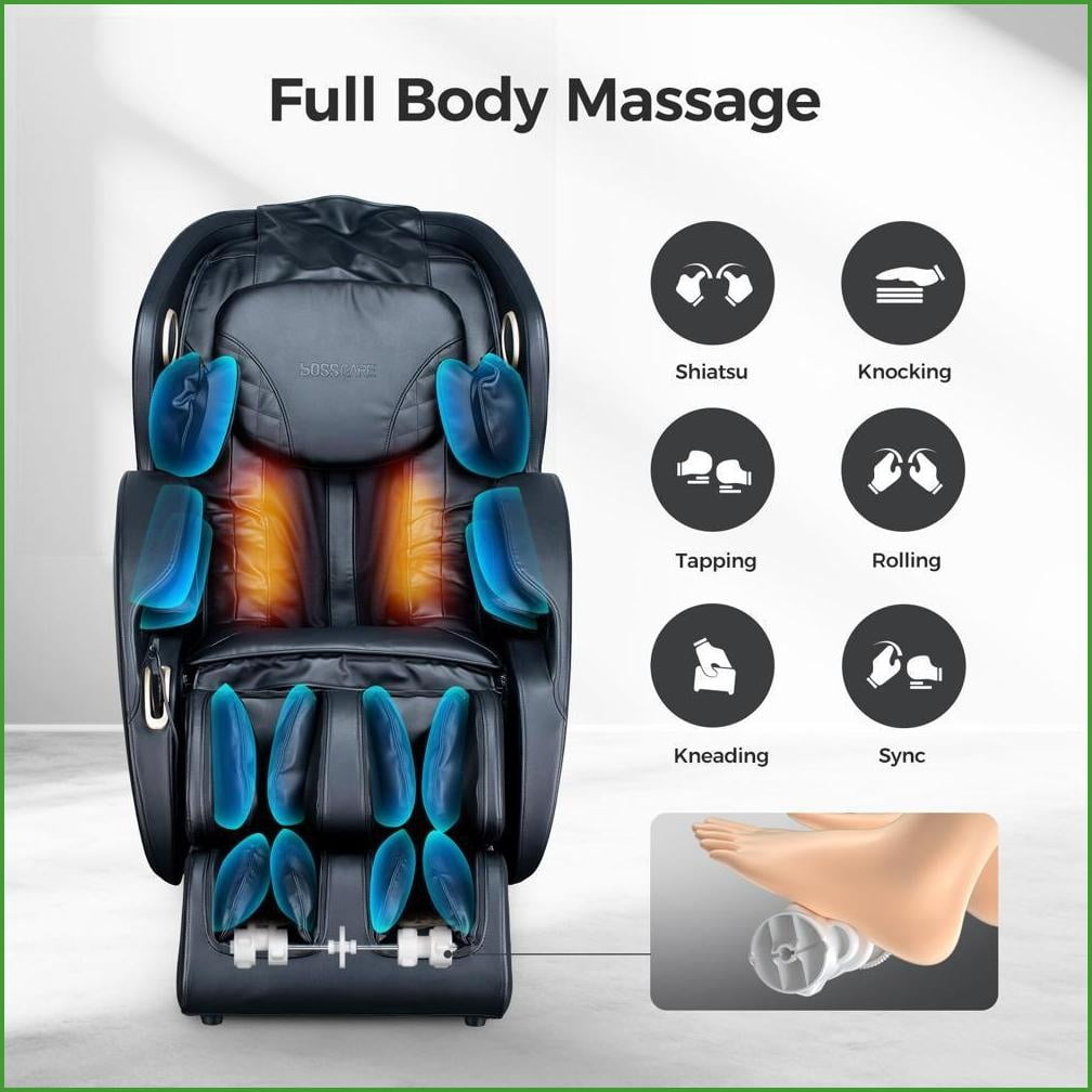 Massage Chairs, BOSSCARE 3D Zero Gravity Full Body Shiatsu Recliner with Voice & APP Control | Black | Leather
