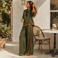 thumbnail image 7 of Szluipve Linen Sets for Women 2 Piece 2 Piece Linen Outfit Contrast Trim 3/4 Sleeve Crew Neck Top & Wide Leg Pants Set Loose Casual Beach Vacation Tracksuit Suit Blue L, 7 of 7