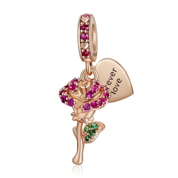 ROSIANNA 925 Sterling Silver Charm for Bracelets Rose Gold Rose Heart Forever Love Pendant Charm Women Bracelet Charm