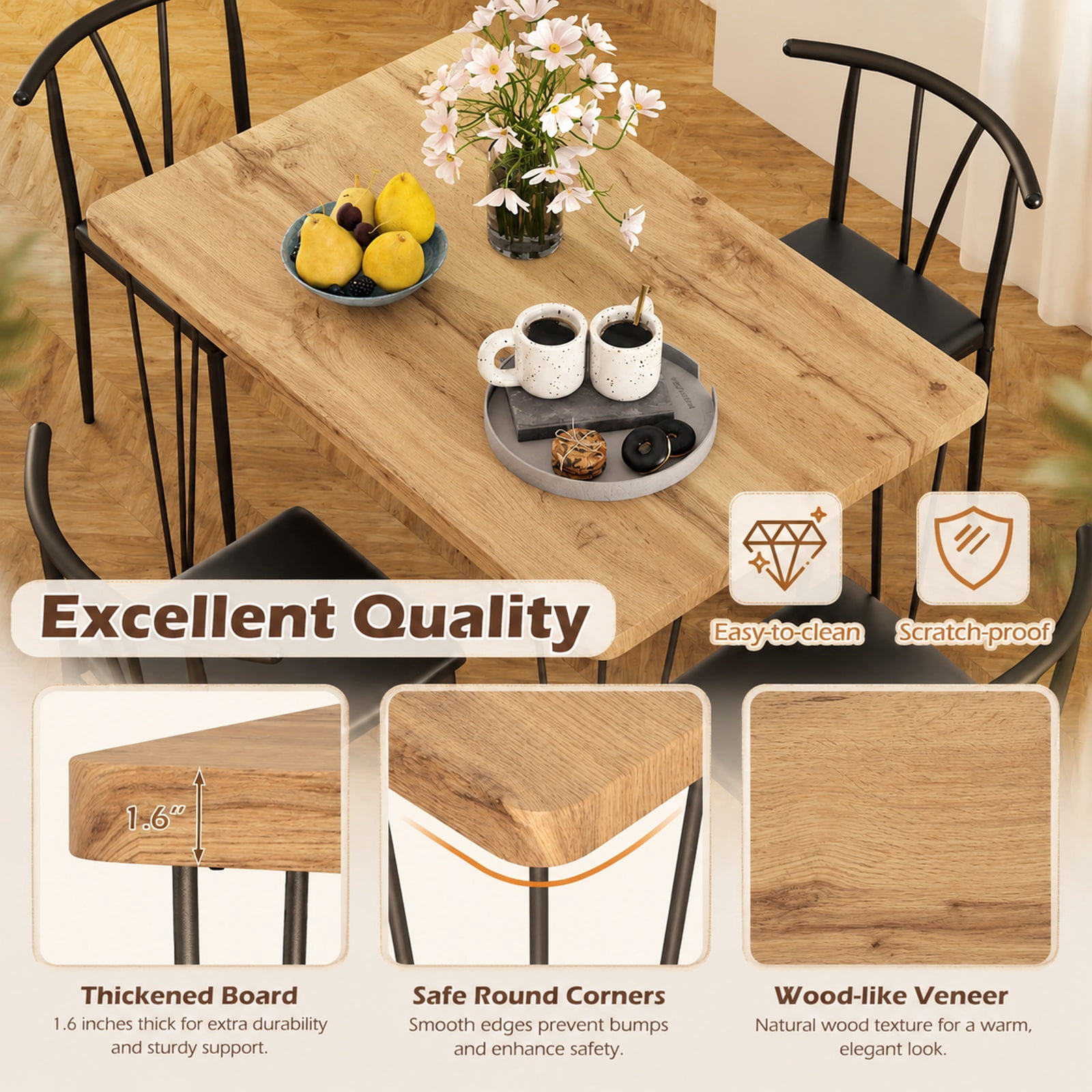 Furnibear 5 Piece Space Saving Industrial Dining Table Set for 4 with Armless PU Leather Chairs and Metal Legs for Kitchen, Black