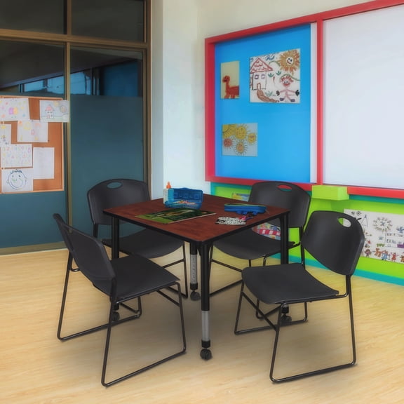 Regency Kee 30" Square Height Adjustable  Mobile Classroom Table - Cherry & 4 Zeng Stack Chairs- Black