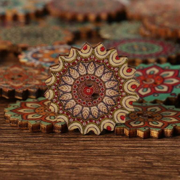 1 Inch Mandala Painted Wooden Buttons for Crafts 2 Hole Colorful Boho  Vintage Decorative Buttons Embellishments for Clothing 100 PCs