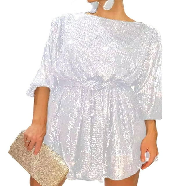 MesaSe Robe de Soirée à Sequins pour Femmes Manches Longues Scintillantes Col Rond Robe Cocktail Courte