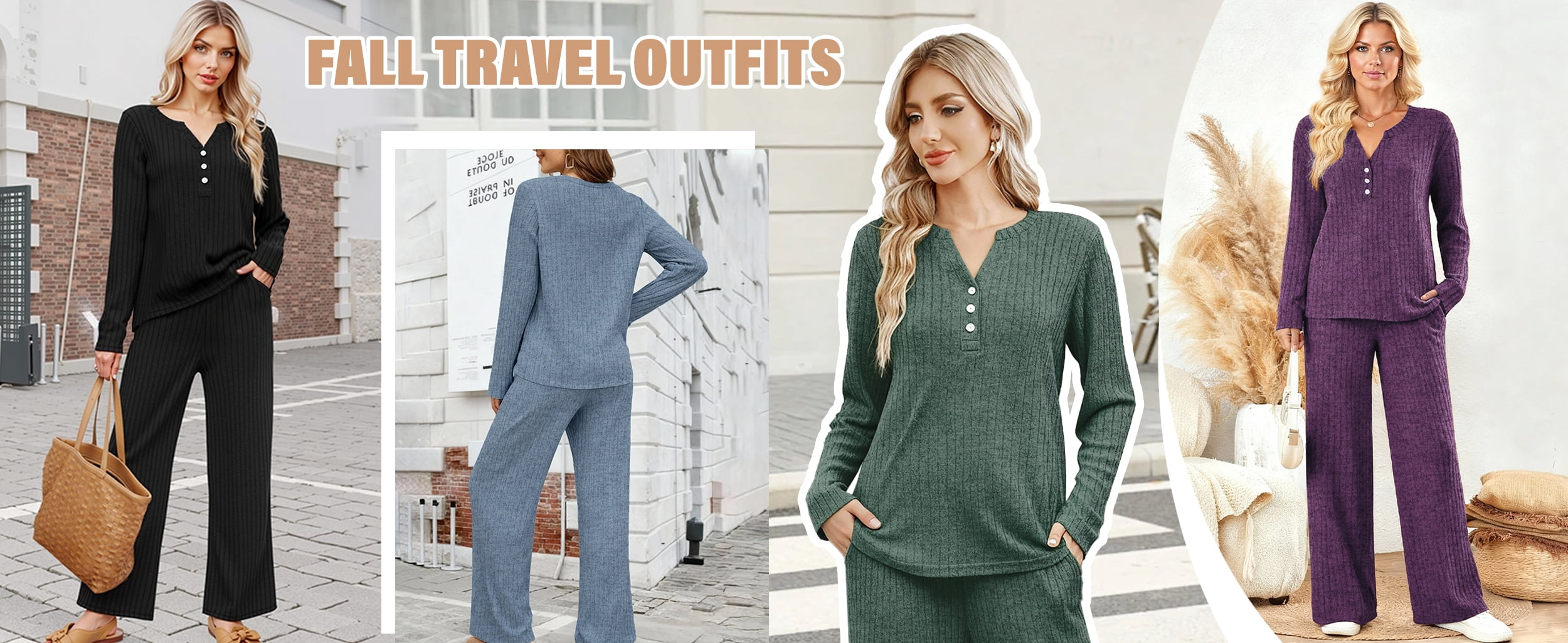 Fantaslook Two Piece Lounge Sets for Women Fall Travel Outfits Henley Neck Sweater tops Wide Leg Pants Matching Sets Pajamas Clothes