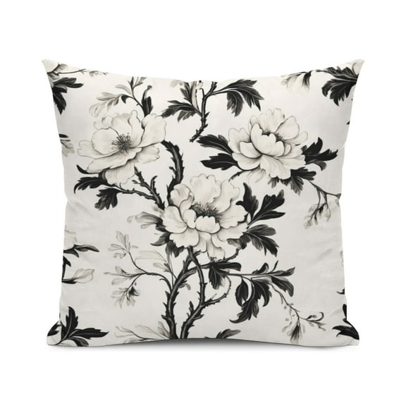Elegant Floral Bohemian Toile Pattern Design Black & Off-White Flowers Throw Pillow Cover, 18x18