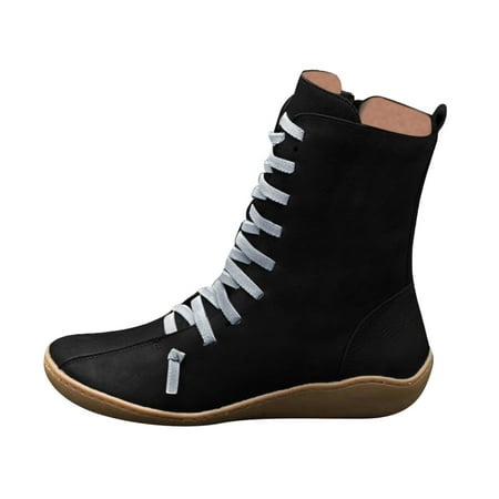 

GHSOHS Western Cowgirl Boots for Women Retro Low Heel Ankle Boots Solid Strappy Lace-up Mid Calf Cowboy Boots Casual Shoes 37