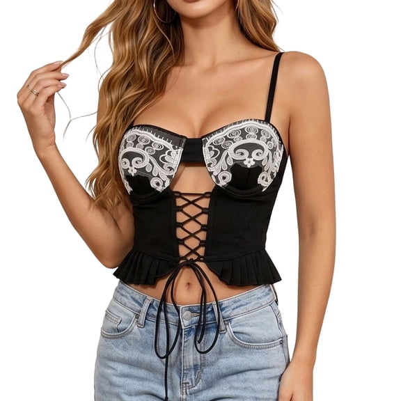LEAVINGSUO Corset Tops for Women Lace Spaghetti Strap Shaping Top Hollow Out Front Crisscross Ruffle Hem Boned Slim Crop Bustier Daily Party Outfit Black S
