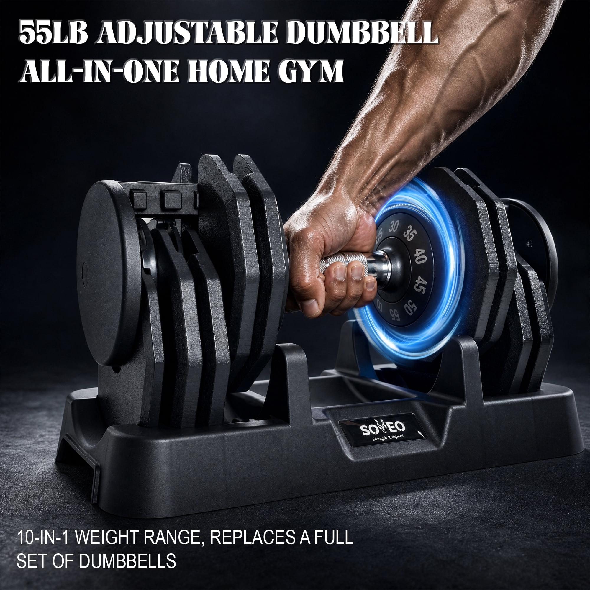 Leumius Adjustable Dumbbell, 5-55 LBS Quick-Select Weight Dumbbell with Non-Slip Grip & Base, for Home Gym Strength Training,Black