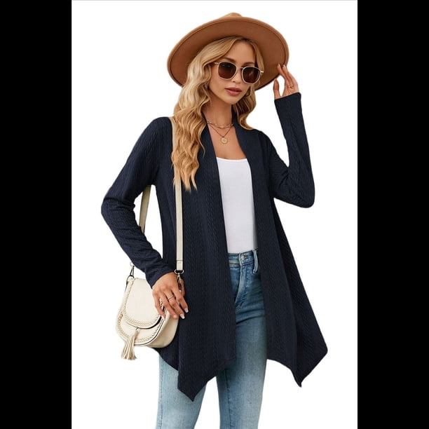 Cárdigan para Mujer, Elegante, Informal, de Larga, Abierto, Azul Marino, Talla S