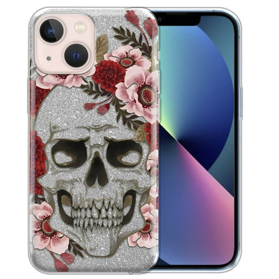 WIRESTER Clear/Silver Glitter Case, Sparkle Bling TPU Cover for Apple iPhone 13 6.1" 2021, Red Pink Skull Flowers