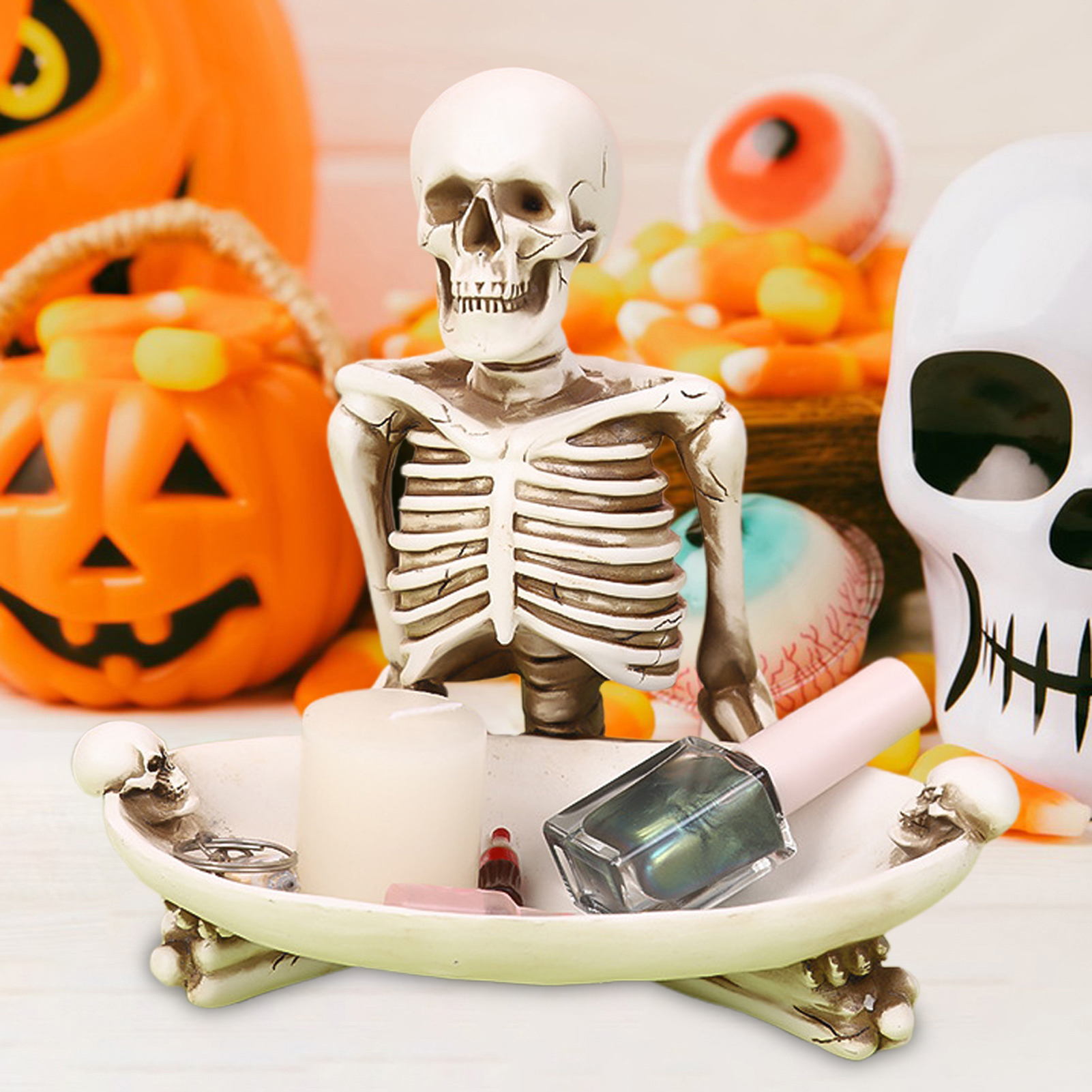 OIUR Skull Storage Tray Halloween Scary Skeleton Candy Bowl Resin Skull Fruit Snack Serving Tray Vintage Jewelry Dish for Home Tabletop Party Bar Decor