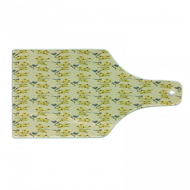 Yellow Bird Cutting Board, Continuous Pattern of Avian Animal and Rudbeckia Flowers Print, Decorative Tempered Glass Cutting and Serving Board, in 3 Sizes, by Ambesonne