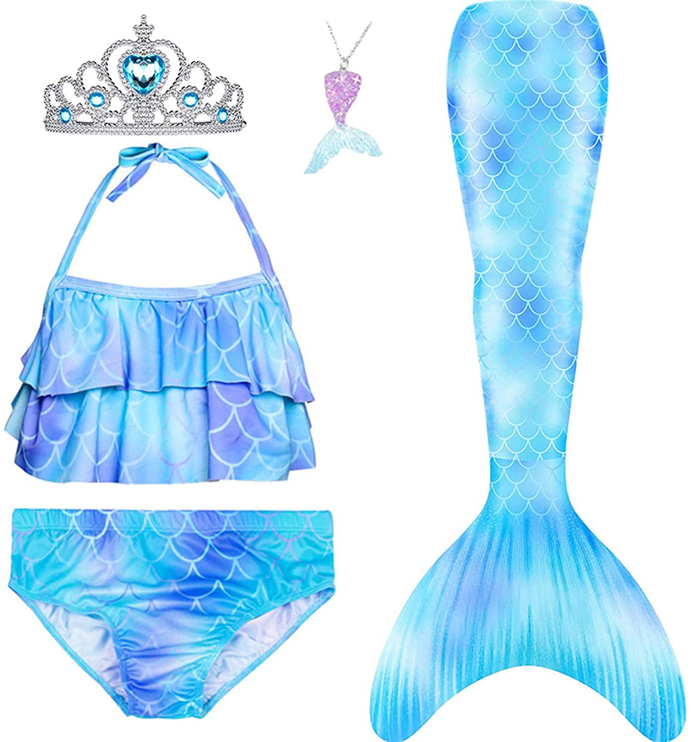 Mermaid Tails for Swimming for Girls Princess Bikini Bathing Suit Set Swimmable Costume for Kids 3-12Y 5Pcs 