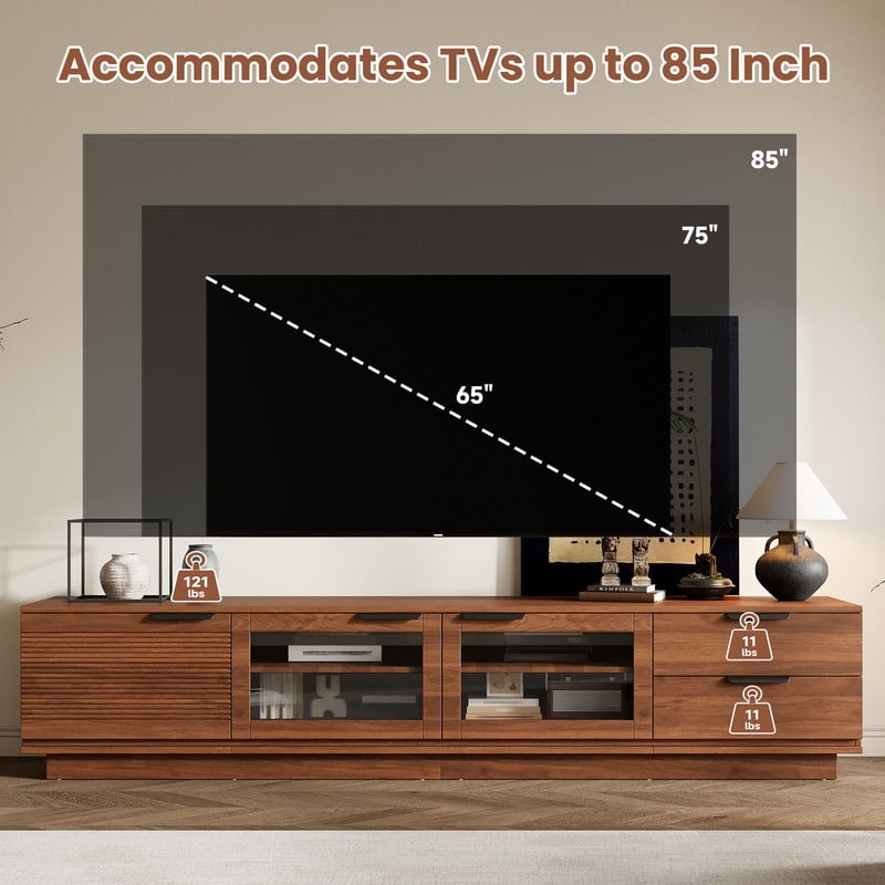 79-inch Modern TV Stand for TVs Up to 85", Entertainment Center Cabinet with Drawers, Cable Hole & Soft-Closing Glass Doors