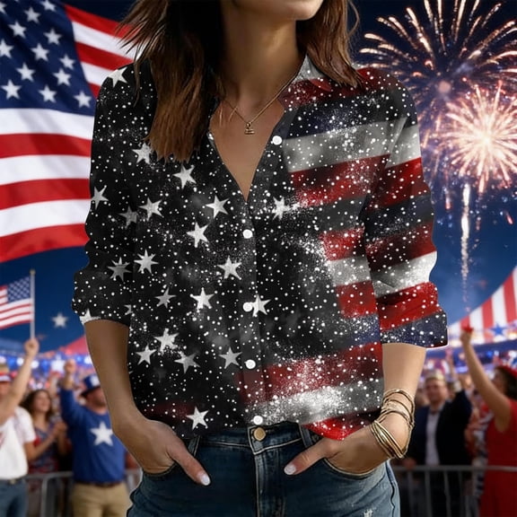 Xdegoge American Flag Button Down Shirts for Women 4th of July Long Sleeve V Neck Blouse Retro Stars and Stripes Patriotic Tops Casual Independence Day Clothes