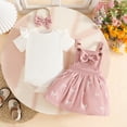 thumbnail image 4 of FINALGANG Baby Girl 3 Piece Outfit Set Ruffle Sleeve Crewneck Bodysuit Bow Embroidered Suspender Skirt Matching Headband Clothes Set For Daily Wear Soft Outfit, 4 of 5