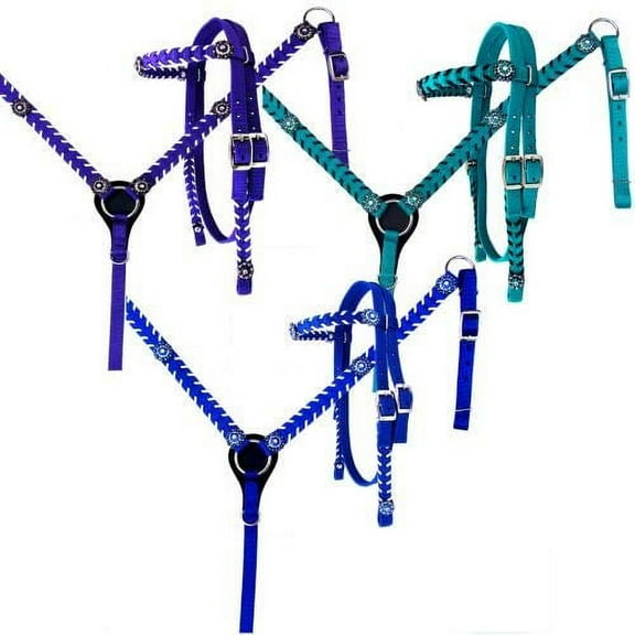 Showman Nylon Headstall & Breast Collar Set w/ Crystal Rhinestone Conchos (Blue)