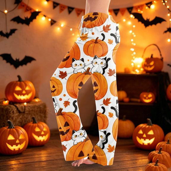 Womens Pj Pants Halloween Pumpkin Print Wide Leg Drawstring Lounge Sleepwear Bottoms