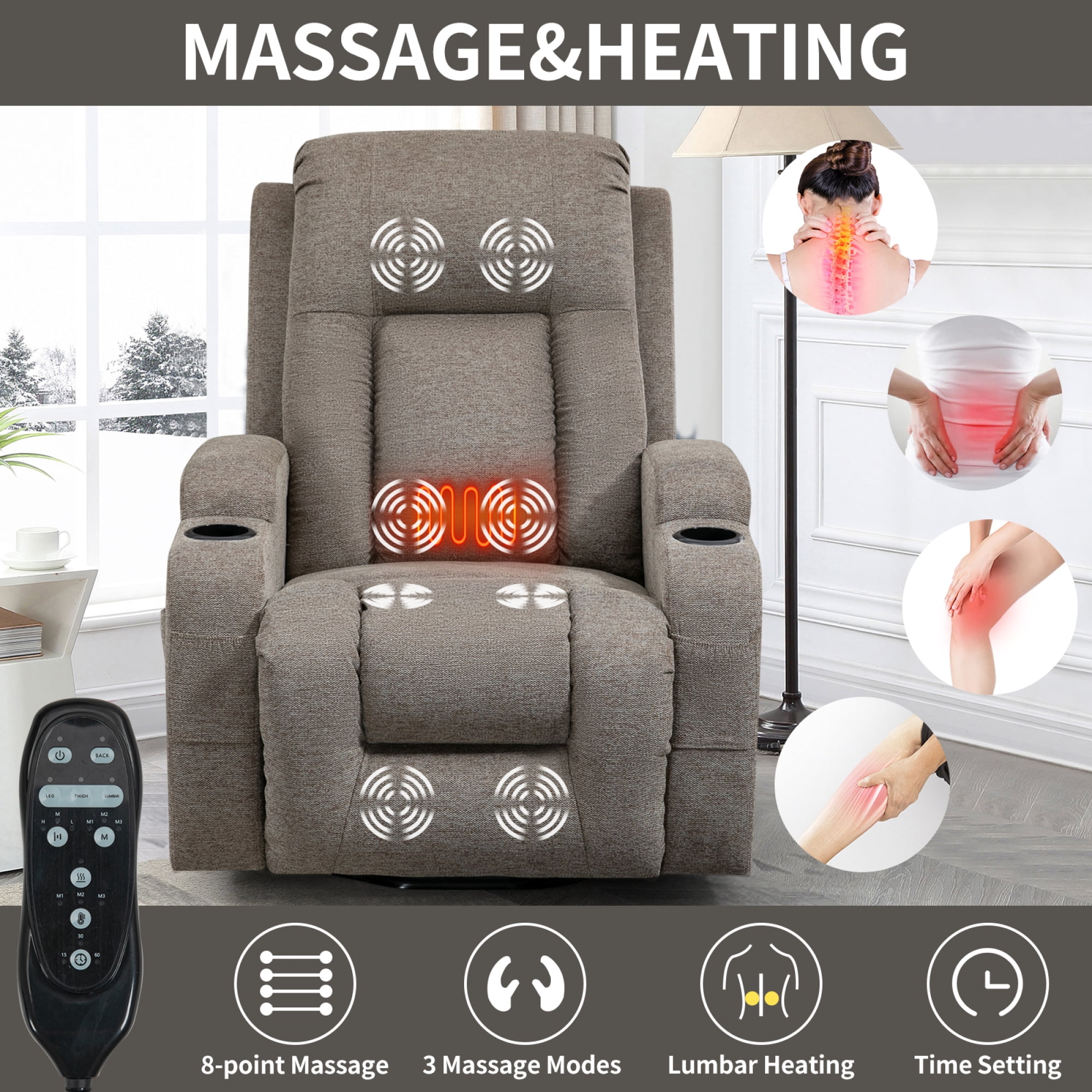 Power Lift Recliner Chair for Elderly,Heavy Duty Infinite Position Recliner Chair with 8-Point Vibration Massage and Lumbar Heating,USB Charging Port, Cup Holders,Brown