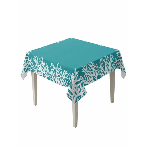 Aqua Coastal Coral Table Cloth, White Ocean Marine Sea Nautical Beach Waterproof Tablecloth for Square Tables, Reusable Washable Fabric Table Cover for Restaurant Kitchen Dining Tables 54"x54"