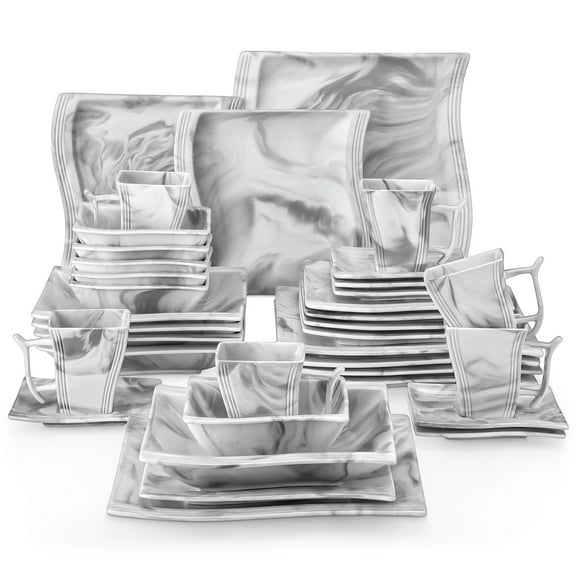 vancasso 36 pcs Dinnerware Sets, Plates and Bowls Set for 6, Porcelain Dinner Set, Marble Gray