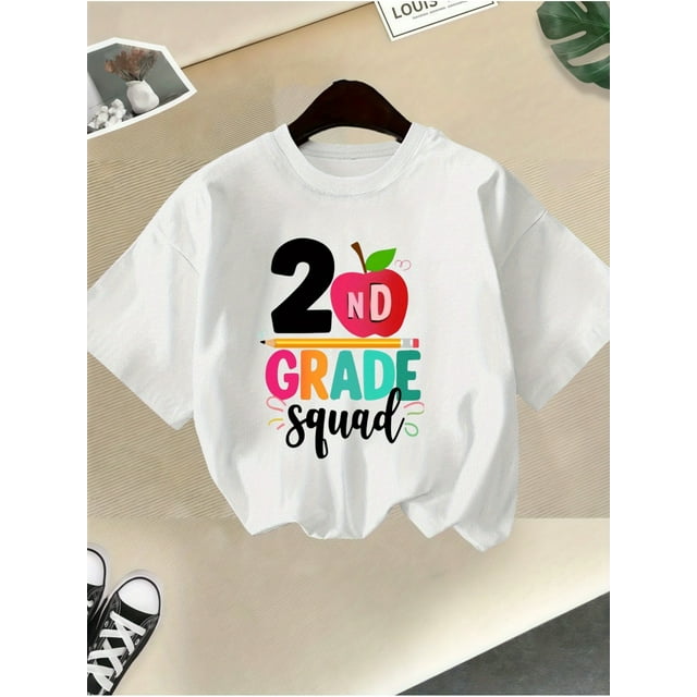 2nd Grade Graphic T-Shirt for Girls - Soft Cotton Knit, Round Neck Short Sleeve Tee with apple & Pencil Design, School uniforms & Casual Wear, inspirational Girls' Tshirt, School uniform Tee