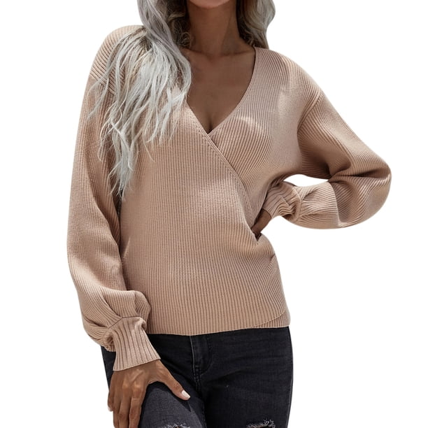 Gibobby Suéteres mujer, Suéter holgado de punto con cuello en V, para mujer, casual, ligero(Caqui,M)