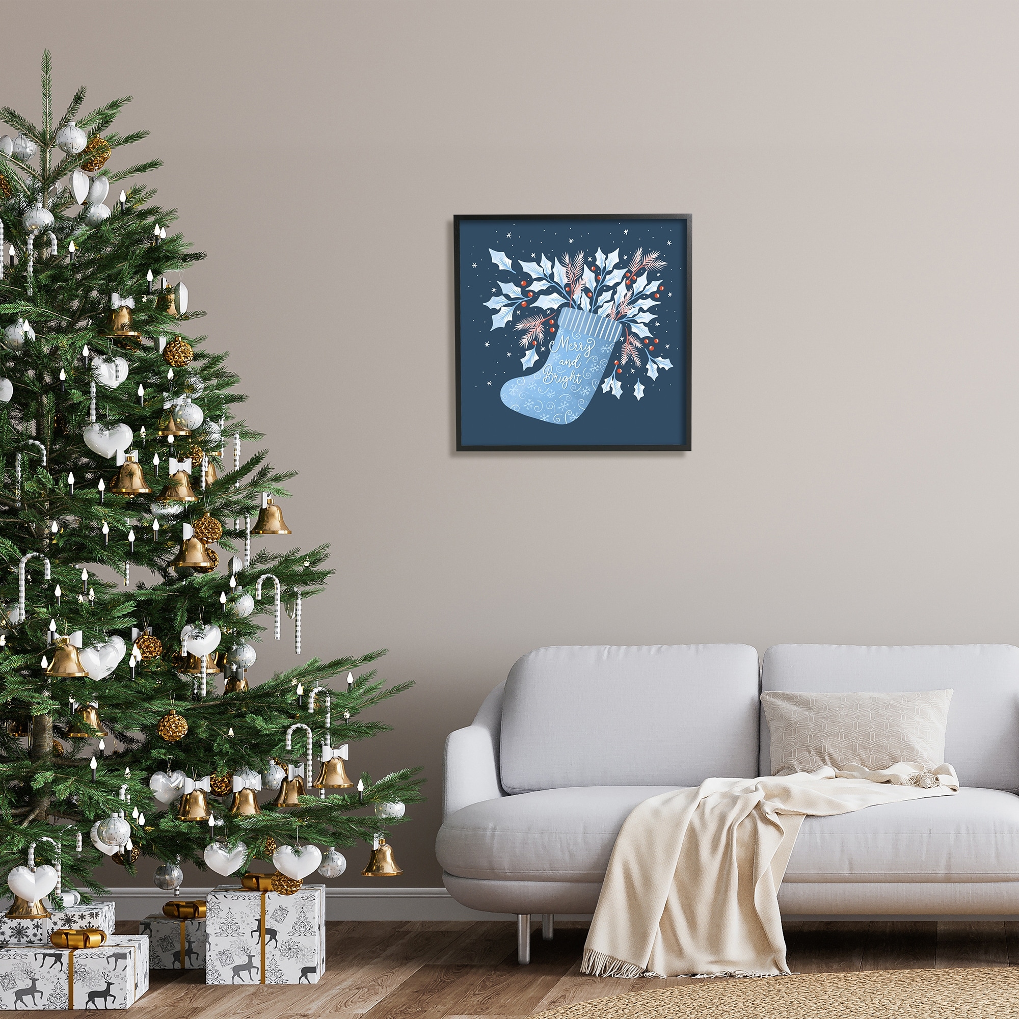 Stupell Industries Merry & Bright Seasonal Holly Berry Sprigs Stocking Graphic Art Black Framed Art Print Wall Art, Design by Dominika Godette