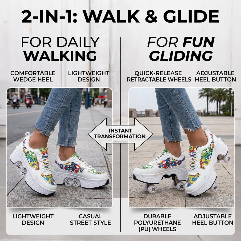 CZV Women's & Teens Graffiti Print Four-Wheel Convertible Roller Skate Shoes,2-in-1 Roller Skates & Sneakers Unisex Retractable Wheels Indoor Outdoor Fun & Fitness Kick Roller Shoes