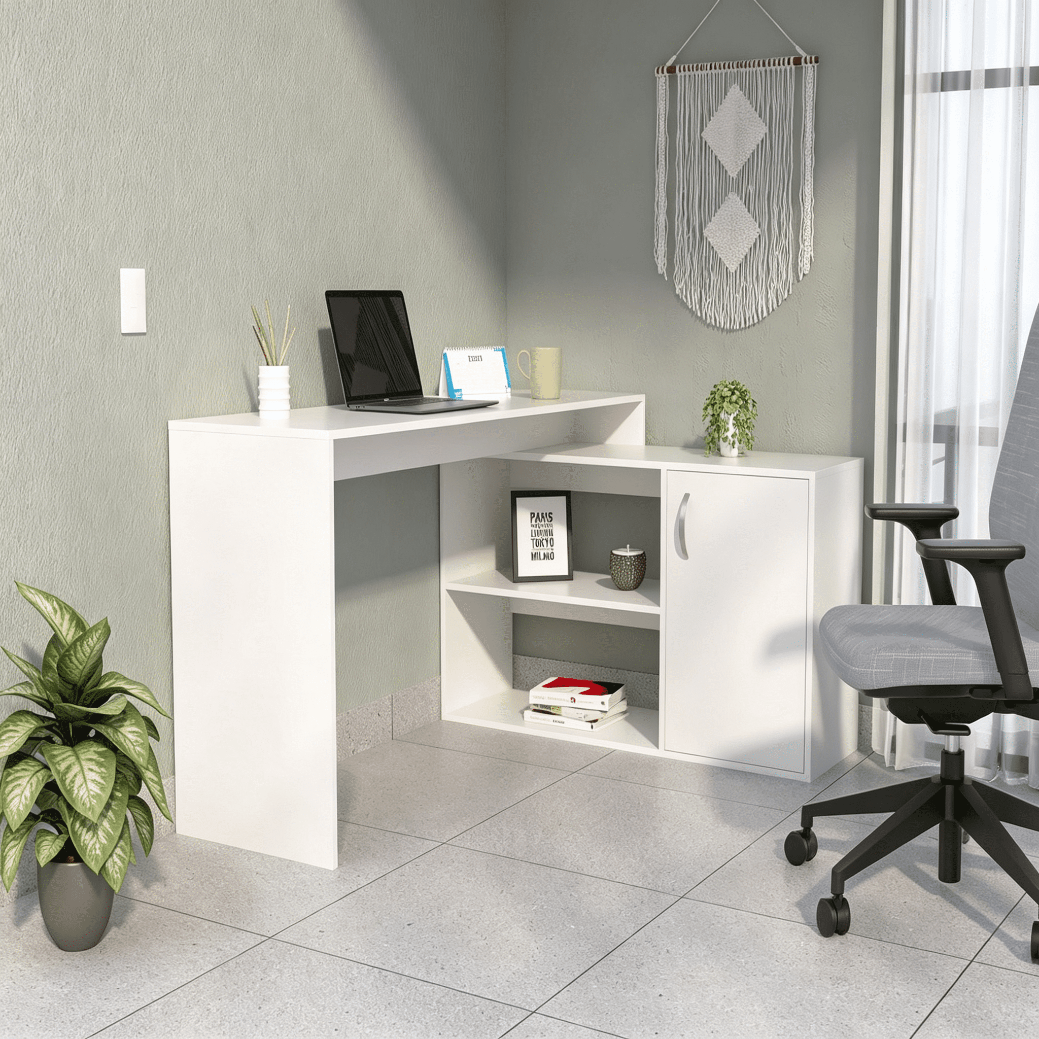 Asteroutdoor White L-Shaped Office Desk with Drawer and Shelves